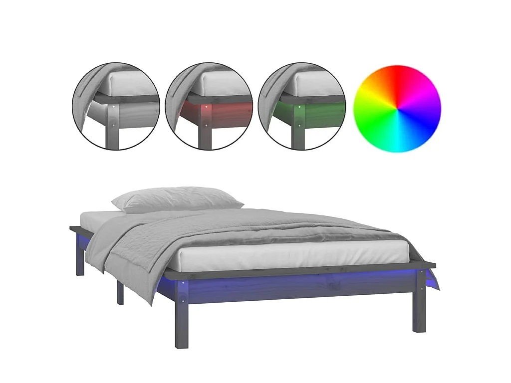 Cama c/ luzes LED 100x200 cm madeira maciça cinzento PT248089