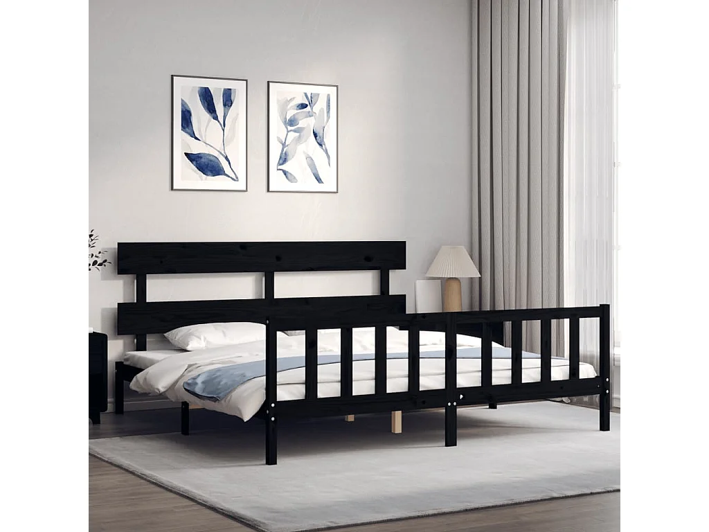 Cama 200x200 cm con cabecero madera maciza negro ES73647