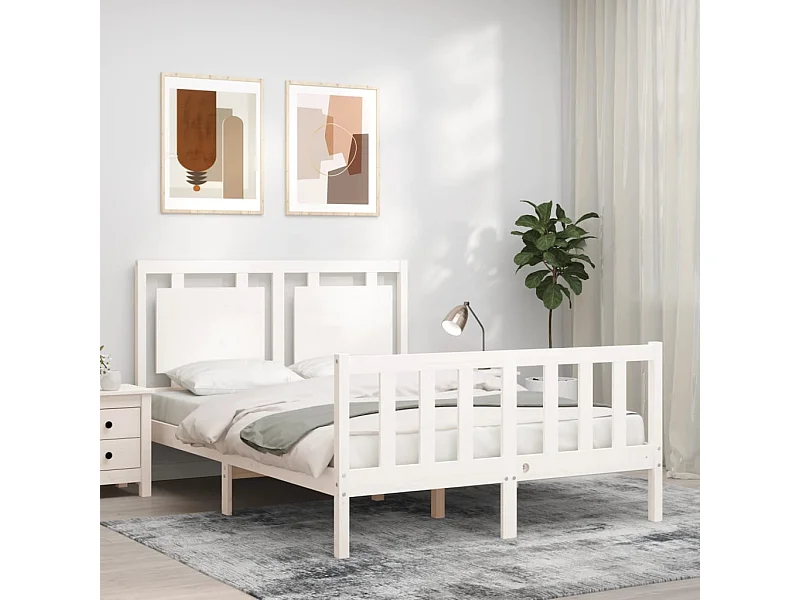 Cama de casal c/ cabeceira madeira maciça branco PT817543
