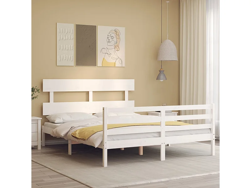 Cama 160x200 cm con cabecero madera maciza blanco ES36538