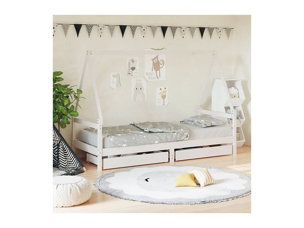 Lit-80x200 cm enfant tiroirs blanc bois de pin massif EGGB42139