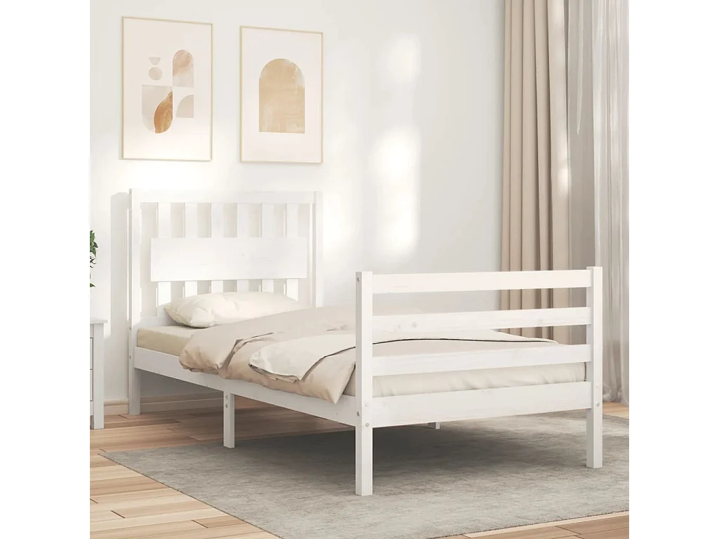 Cama de solteiro c/ cabeceira madeira maciça branco PT196151