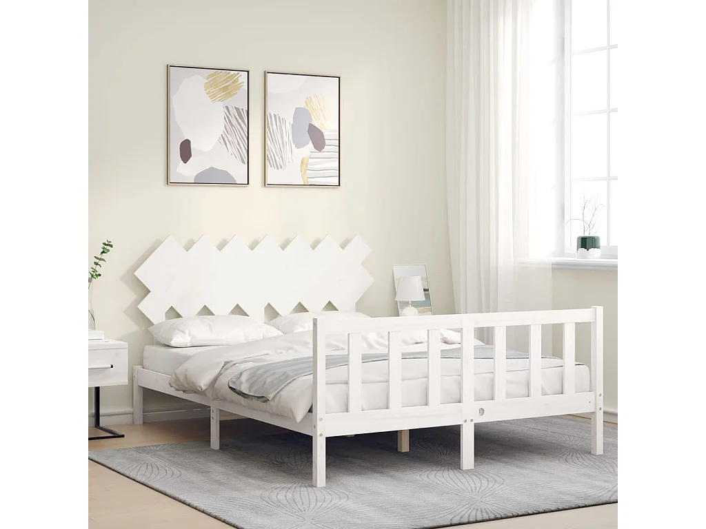 Cama com cabeceira 140x200cm madeira maciça branco PT539295