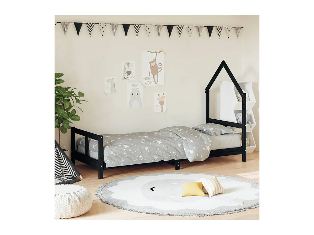 Lit-80x200 cm pour enfants noir bois de pin massif EGGB22692