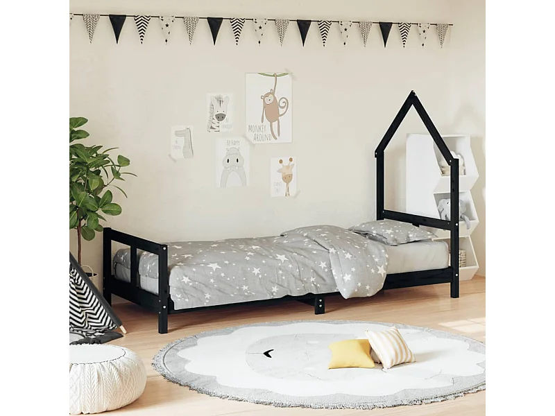Lit-80x200 cm pour enfants noir bois de pin massif EGGB22692