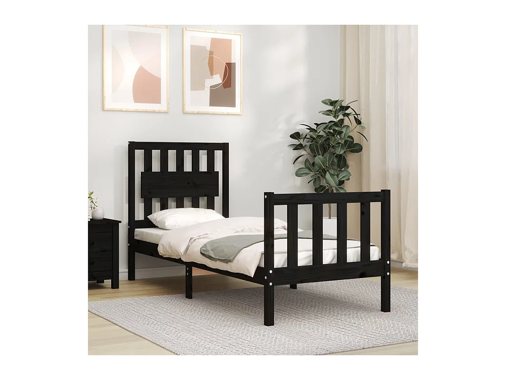 Lit-75x190 cm avec tête de lit noir petit simple bois massif EGGB25776