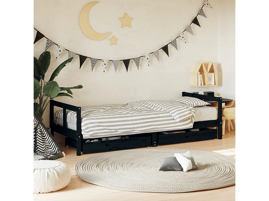 Lit-80x200 cm enfant tiroirs noir bois de pin massif EGGB14251