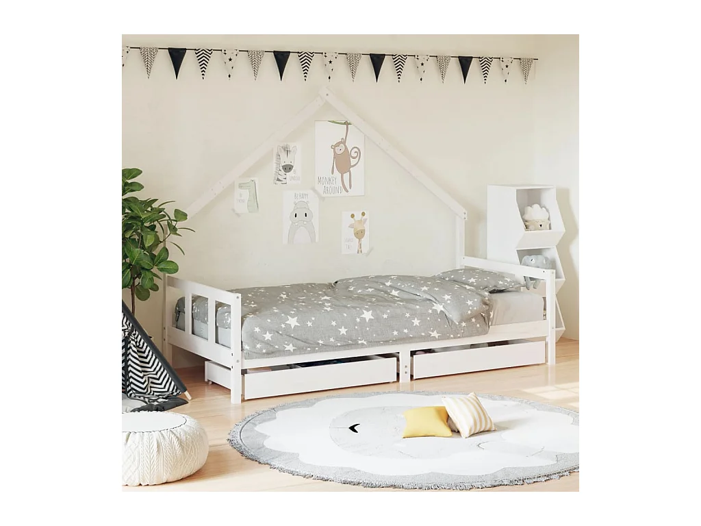 Lit-90x190 cm d'enfants tiroirs blanc bois pin massif EGGB60407