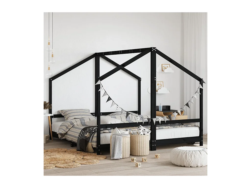 Lit-2x(90x190) cm pour enfants noir bois de pin massif EGGB12738