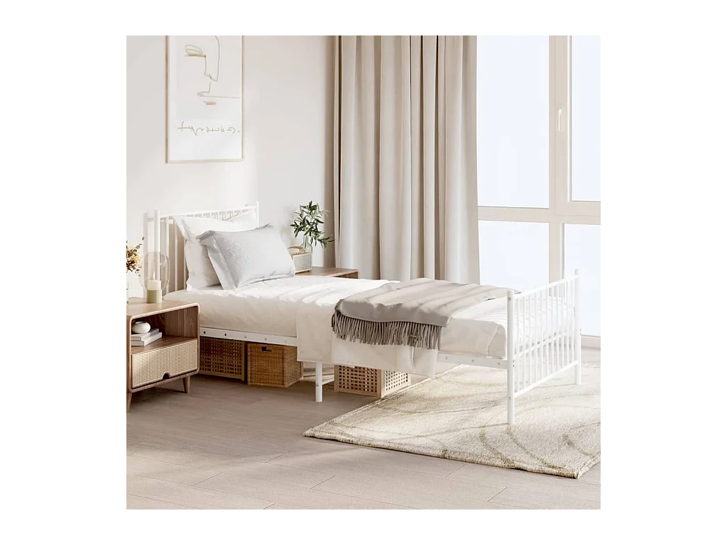 Lit-90x200 cm métal avec tête de lit/pied de lit blanc EGGB31486