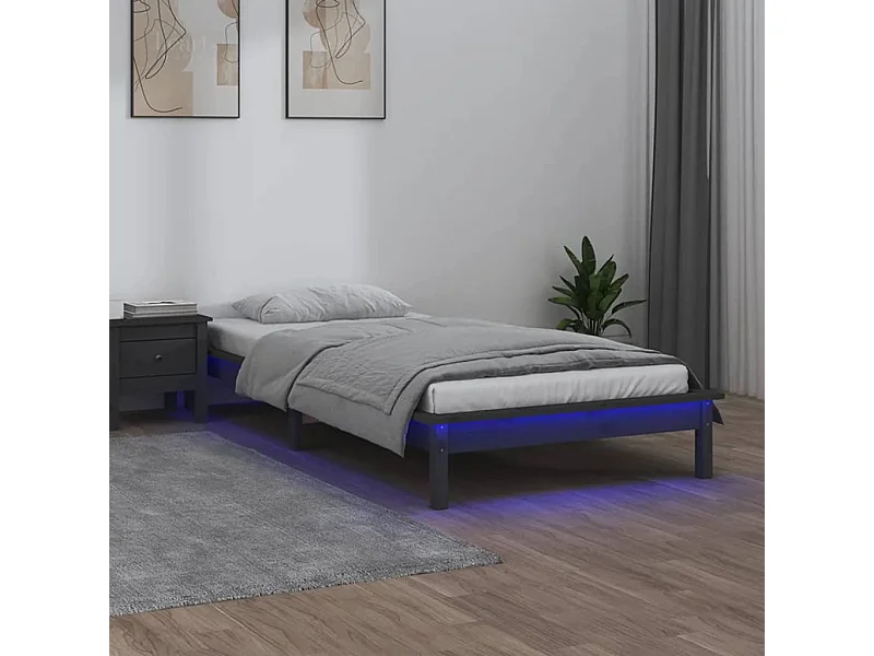 Cama c/ luzes LED 90x200cm madeira maciça cinzento PT782390