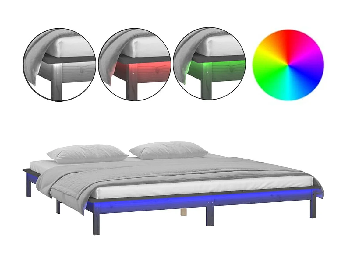 Lit-120x190 cm à LED gris petit double bois massif EGGB79178