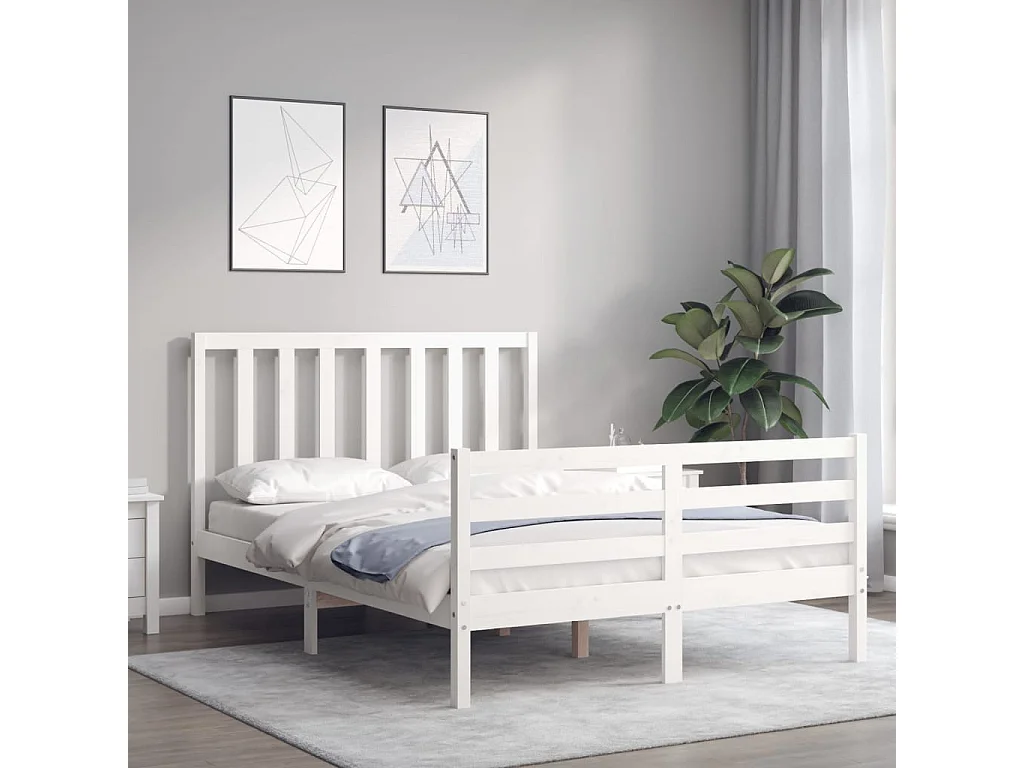 Cama com cabeceira 140x190cm madeira maciça branco PT109683