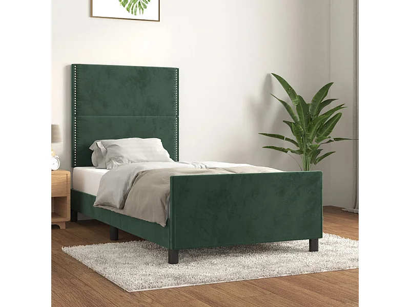 Cama de adulto c/ cabeceira 100x200 cm veludo verde-escuro PT160820