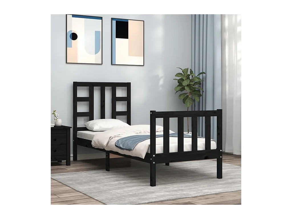 Lit-75x190 cm avec tête de lit noir petit simple bois massif EGGB52764