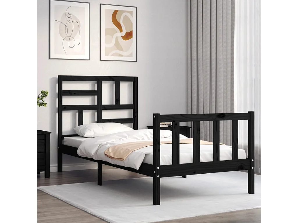 Cama de solteiro c/ cabeceira madeira maciça preto PT453097