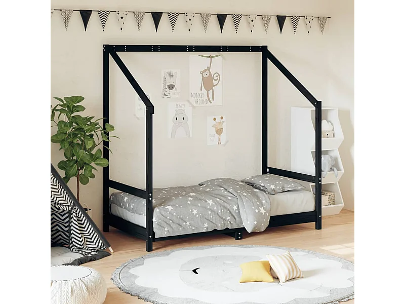 Lit-80x160 cm pour enfant noir bois de pin massif EGGB11439