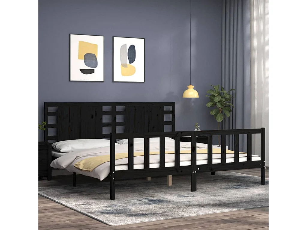 Cama 200x200 cm con cabecero madera maciza negro ES98991