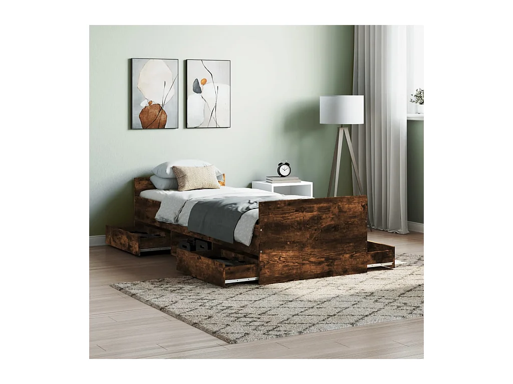 Lit-75x190 cm tête de lit et pied de lit chêne fumé EGGB88192