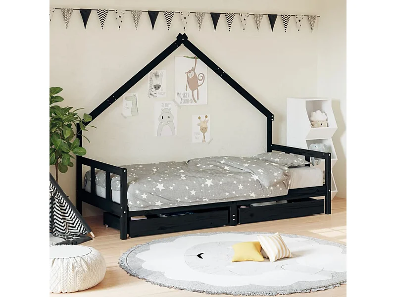 Lit-90x200 cm enfant avec tiroirs noir bois pin massif EGGB11694