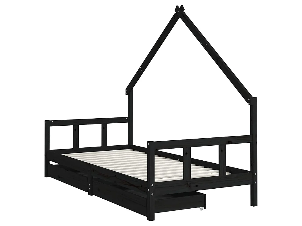 Lit-90x200 cm enfant avec tiroirs noir bois pin massif EGGB11694
