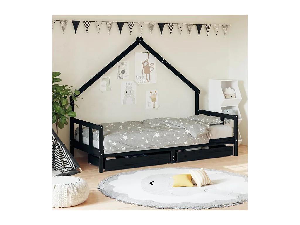 Lit-90x200 cm enfant avec tiroirs noir bois pin massif EGGB11694