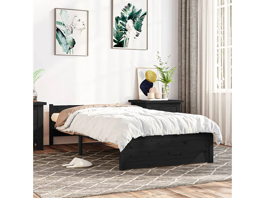 Cama 90x200 cm madeira maciça preto PT981923