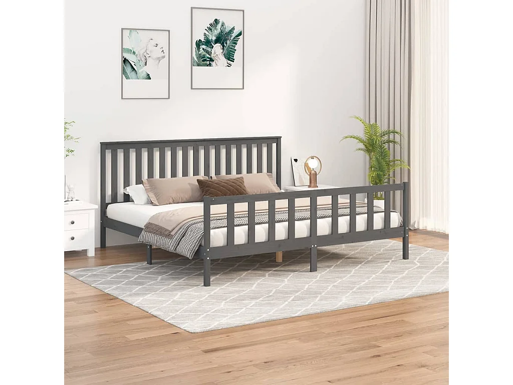 Lit-200x200 cm et tête de lit gris bois de pin massif EGGB34352