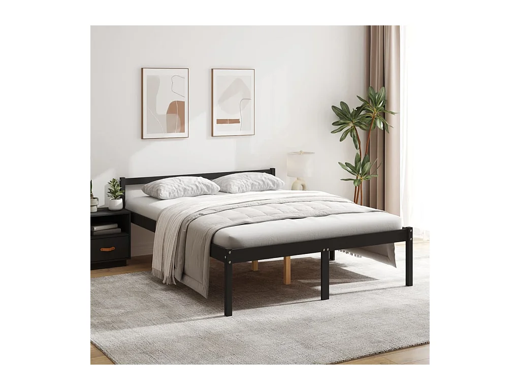 Lit-150x200 cm pour personne âgée noir bois de pin massif EGGB85248