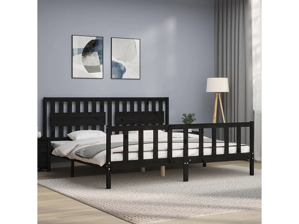 Cama 200x200 cm con cabecero madera maciza negro ES96387