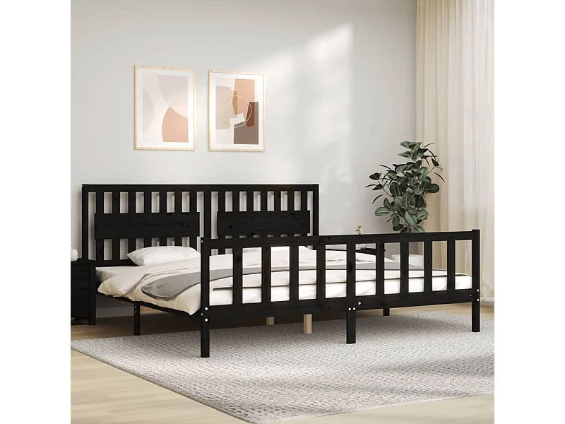 Cama 200x200 cm con cabecero madera maciza negro ES96387