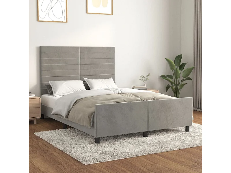 Cama c/ cabeceira 140x190 cm veludo cinzento-claro PT662487