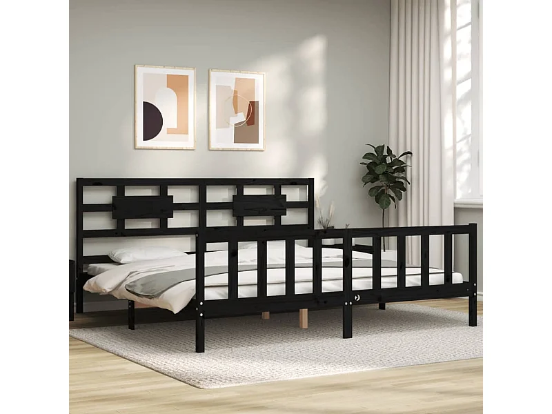 Cama 200x200 cm con cabecero madera maciza negro ES53903
