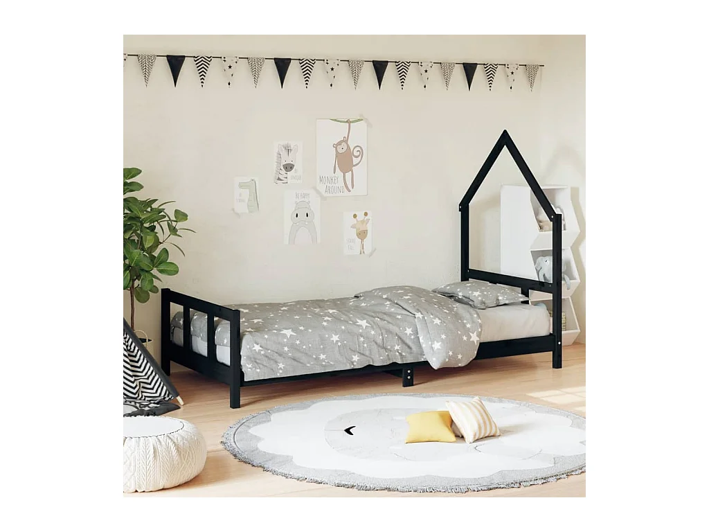 Lit-90x200 cm pour enfants noir bois de pin massif EGGB21373