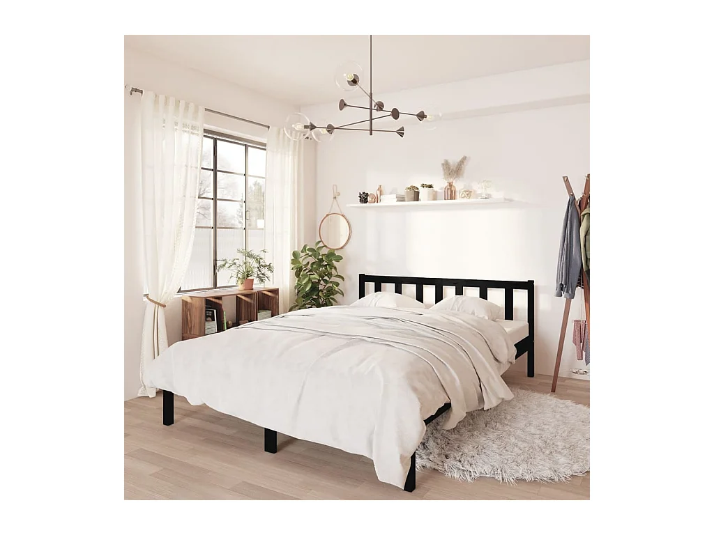 Lit-135x190 cm Noir Bois de pin massif Double EGGB94295