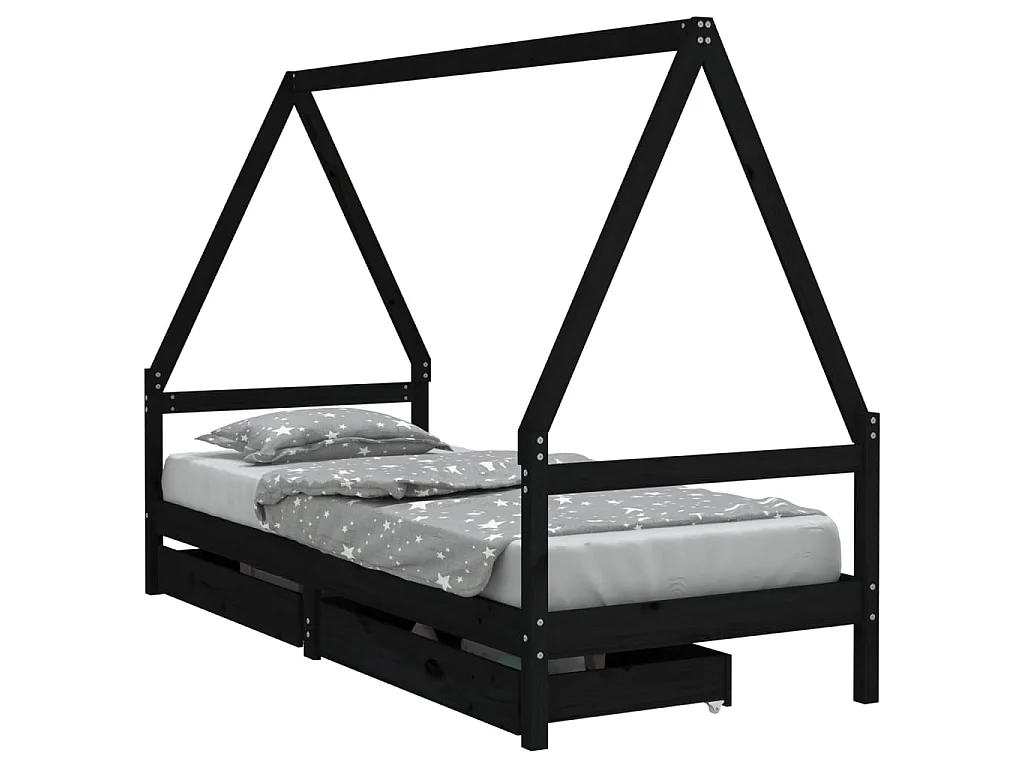 Cama infantil c/ gavetas 80x200cm pinho maciço preto PT863017