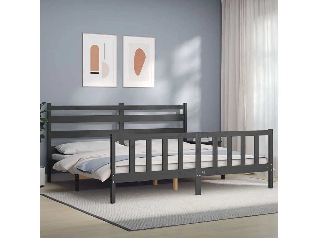 Lit-200x200 cm avec tête de lit gris bois massif EGGB18427