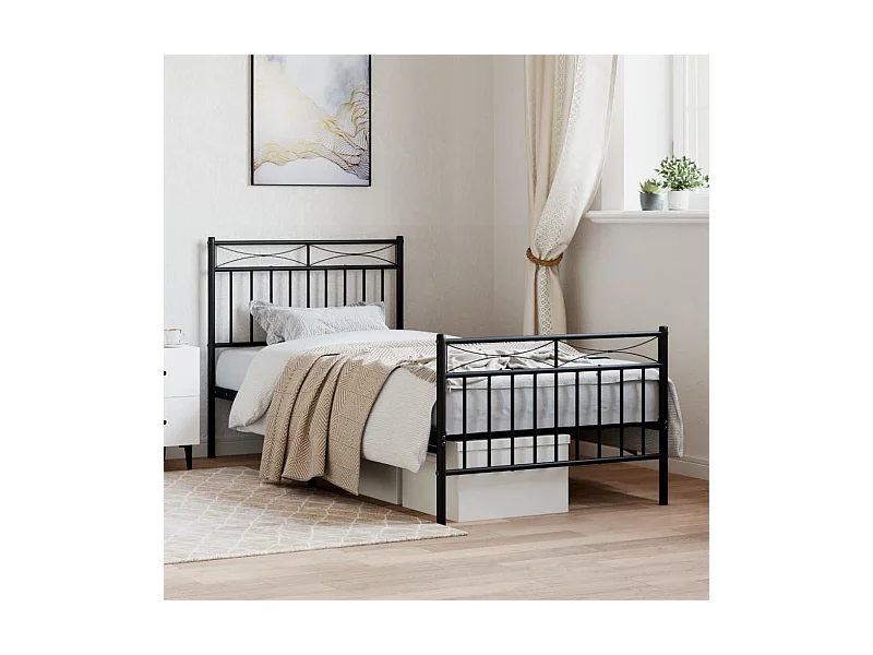Lit-90x200 cm métal avec tête de lit/pied de lit noir EGGB12775
