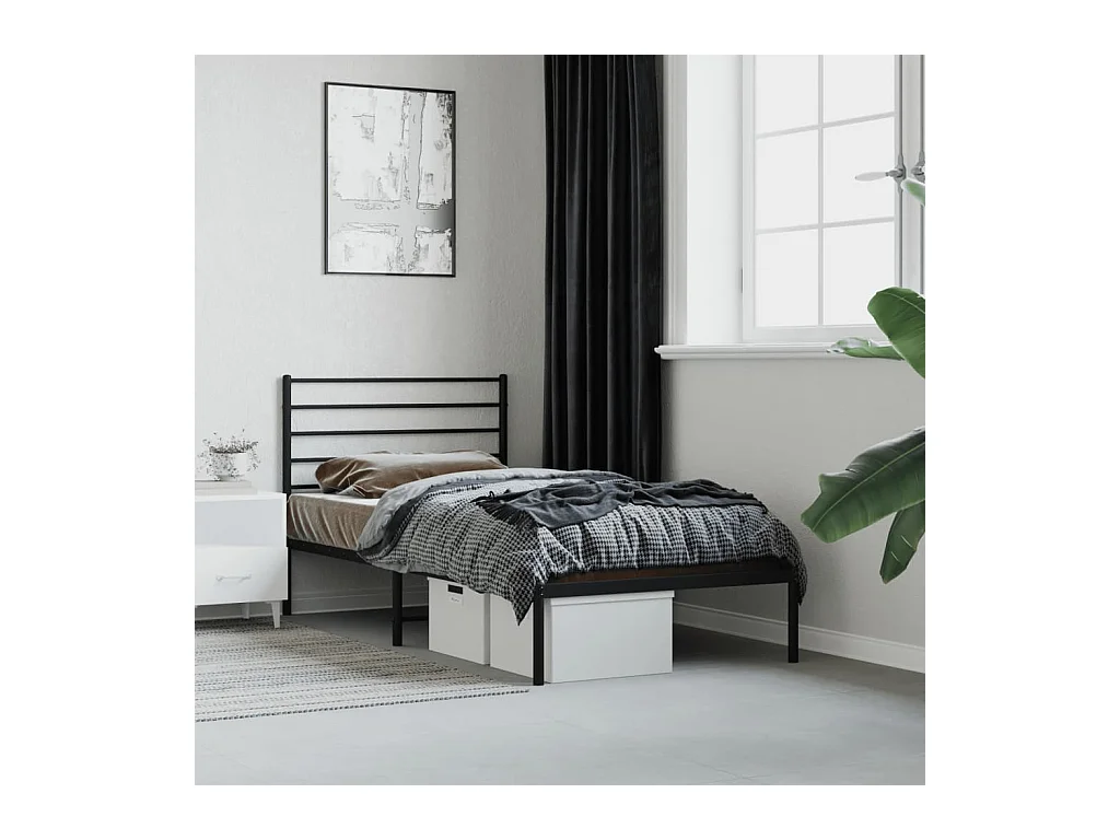 Lit-90x190 cm métal avec tête de lit noir EGGB85612