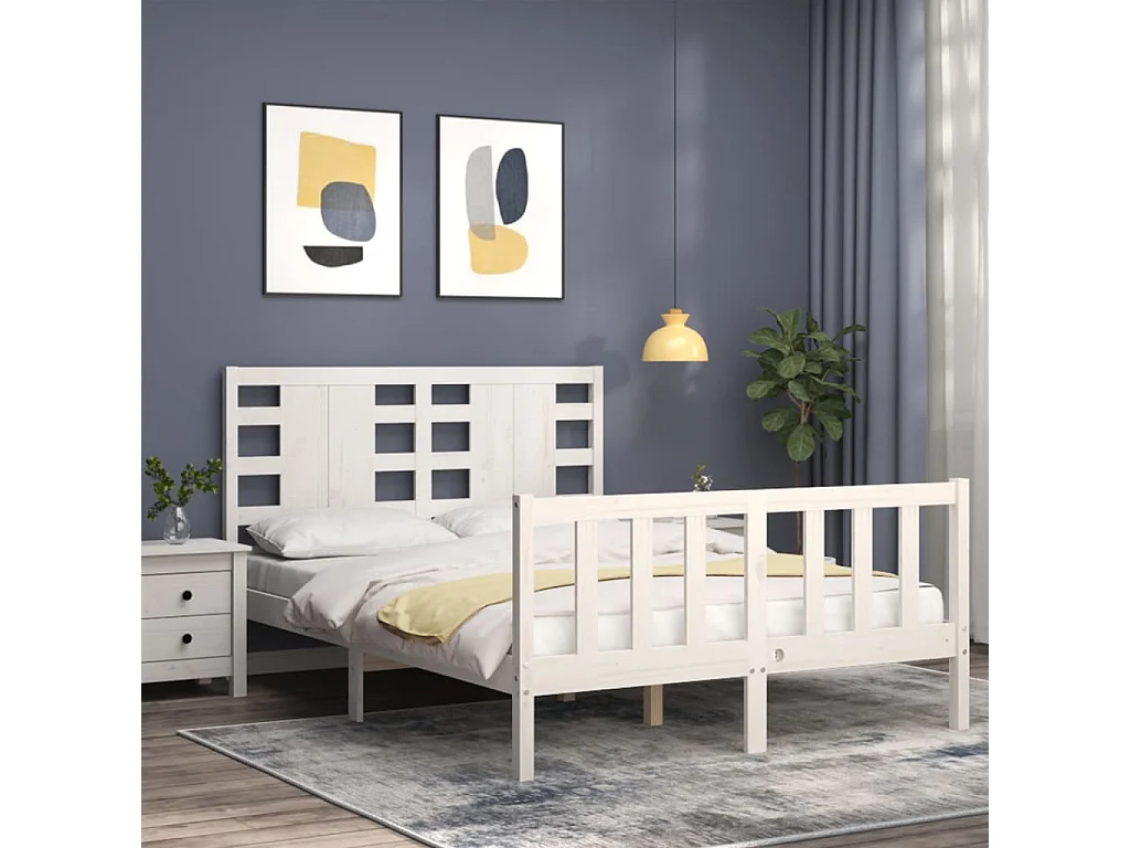 Bedframe met hoofdbord massief hout wit NL55782