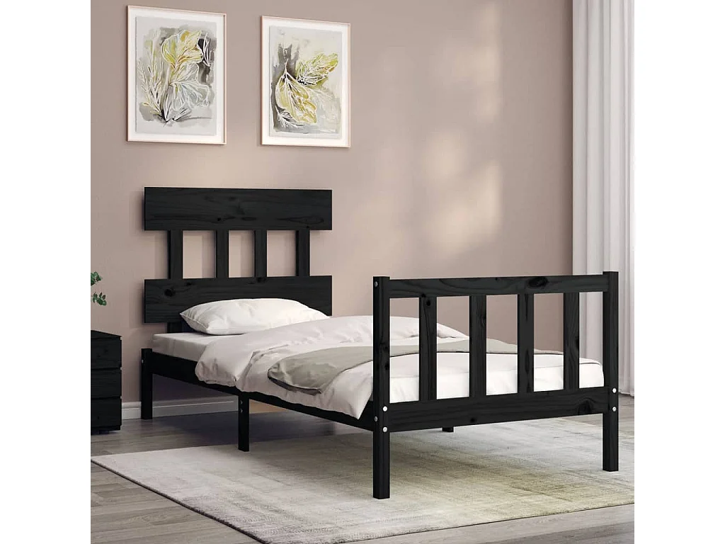 Lit-75x190 cm avec tête de lit noir petit simple bois massif EGGB67330