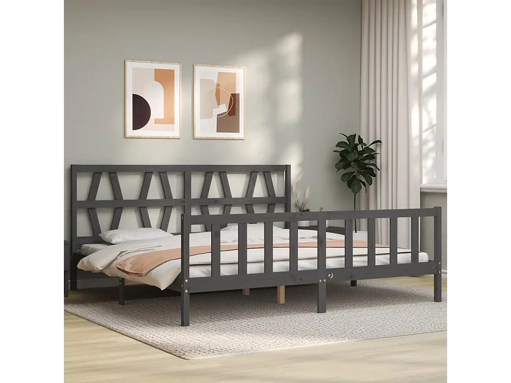 Lit-200x200 cm avec tête de lit gris bois massif EGGB61215