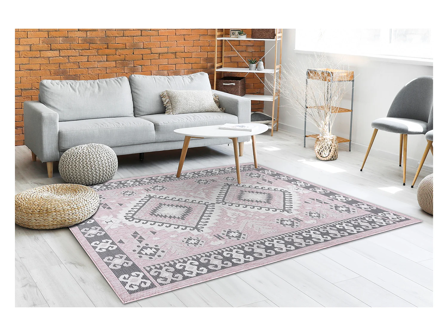 Tapis SIZAL SION aztèque 3007 tissé à plat rose / ecru 140x190 cm