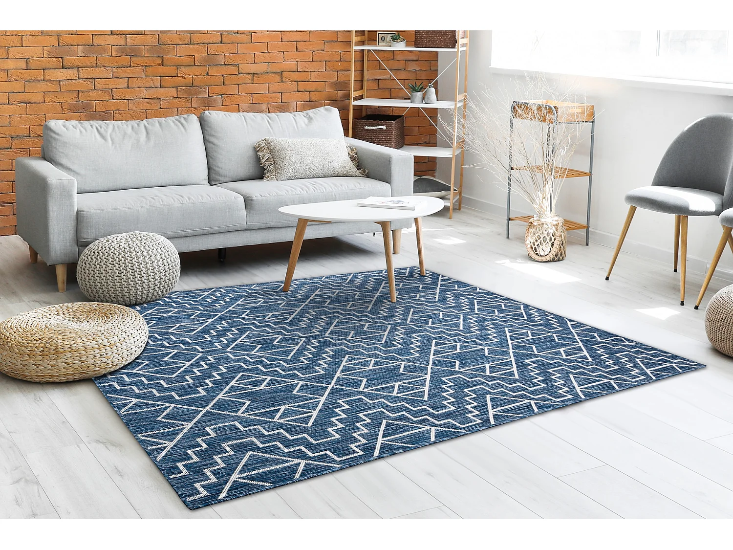 Tapis SIZAL SION Géométrique, Diamants 21778 tissé à plat bleu fon 80x150 cm