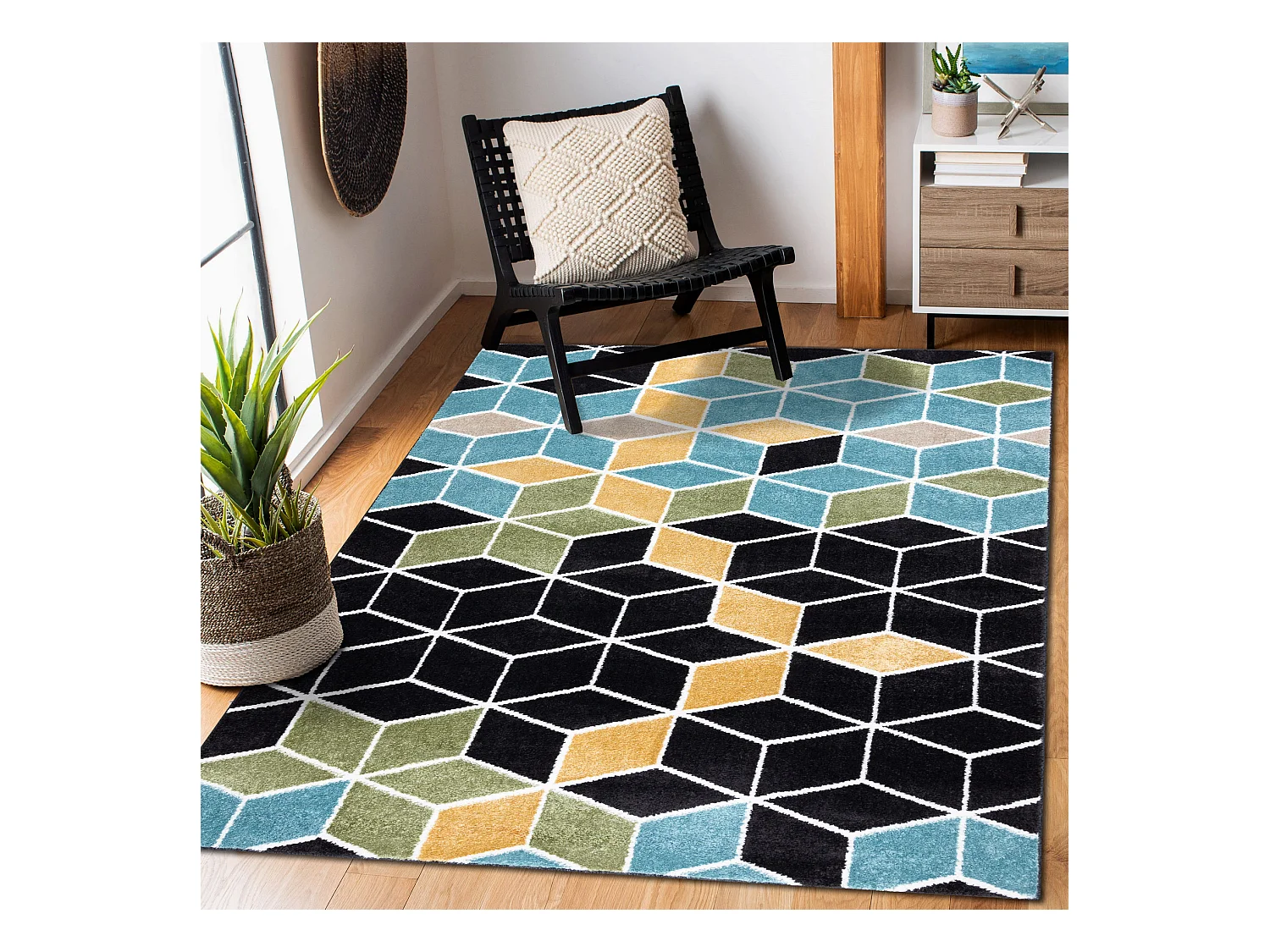 Tapis POLI 9139A Cube 3D noir / bleu 140x190 cm