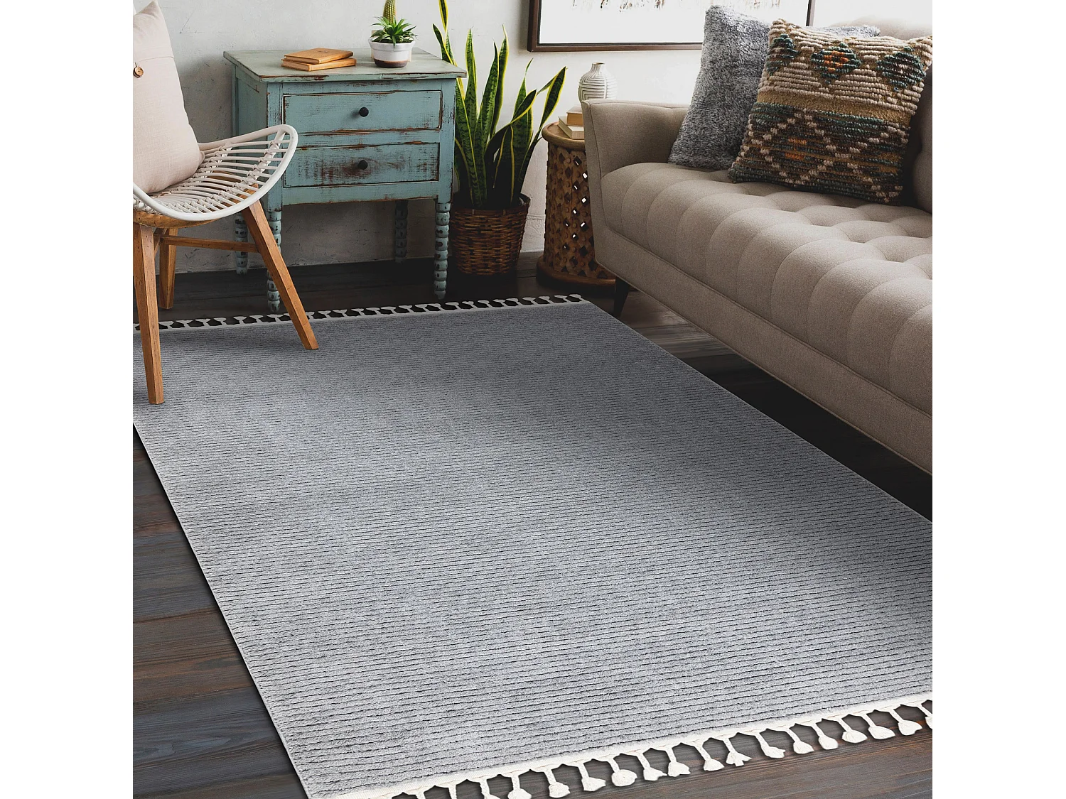 Tapis SEVILLA PC00B rayures gris Franges berbère marocain shaggy 140x190 cm
