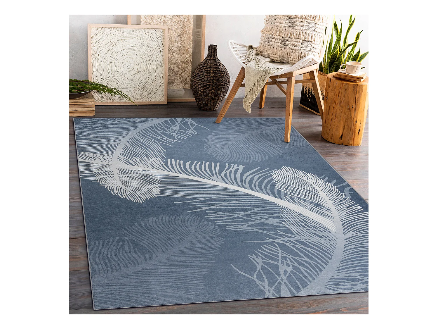 Tapis lavable ANDRE 1148 Plumes antidérapant - bleu 120x170 cm