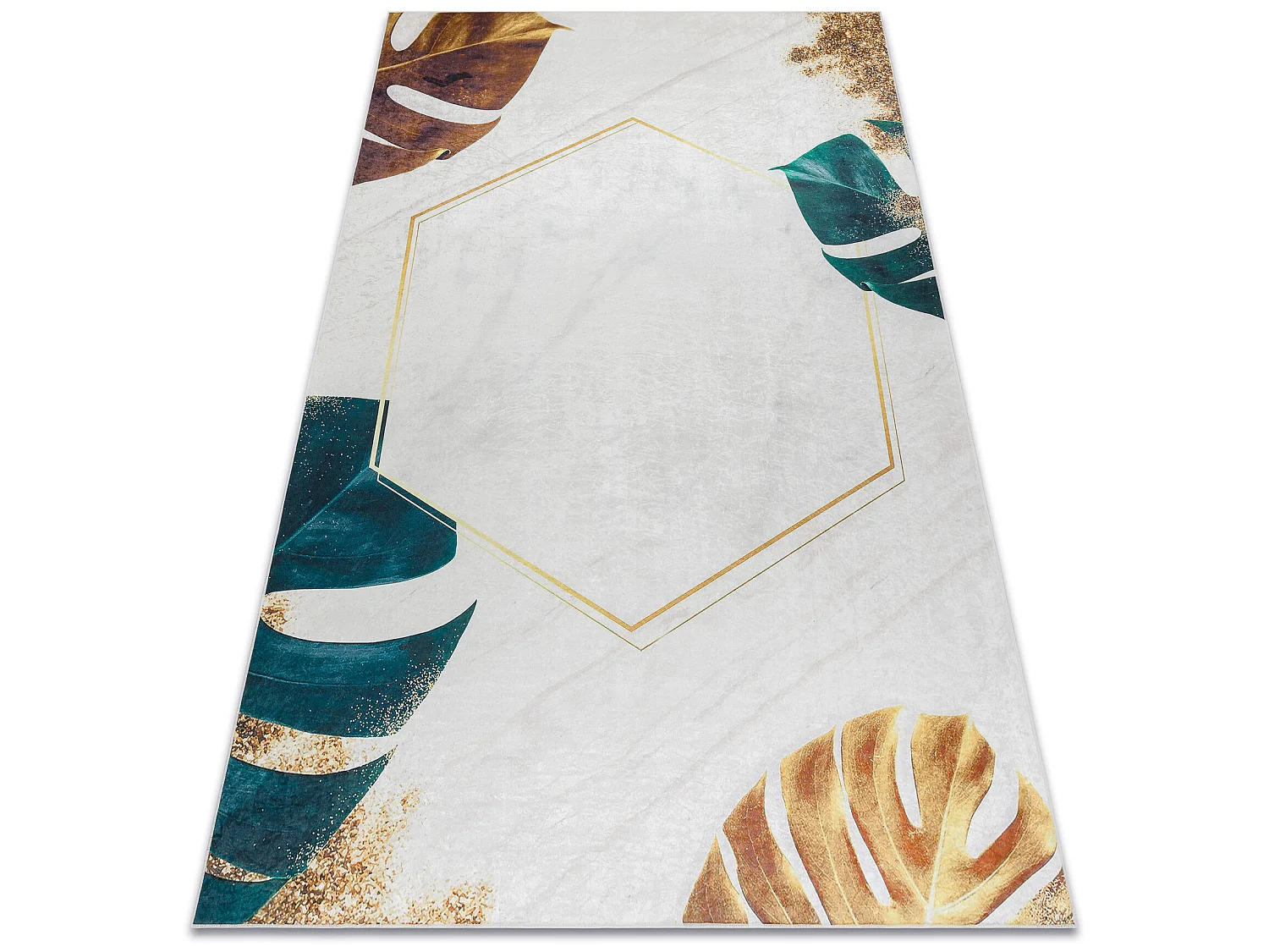 ANDRE 1150 tapijt wasbaar Monstera vertrekt, kubus antislip - wit / go 120x170 cm