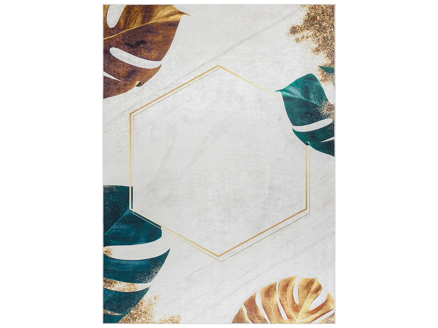 ANDRE 1150 tapijt wasbaar Monstera vertrekt, kubus antislip - wit / go 120x170 cm