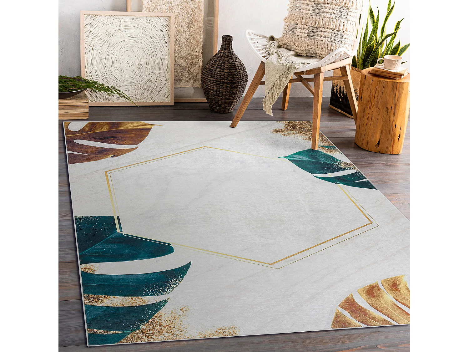 ANDRE 1150 tapijt wasbaar Monstera vertrekt, kubus antislip - wit / go 120x170 cm